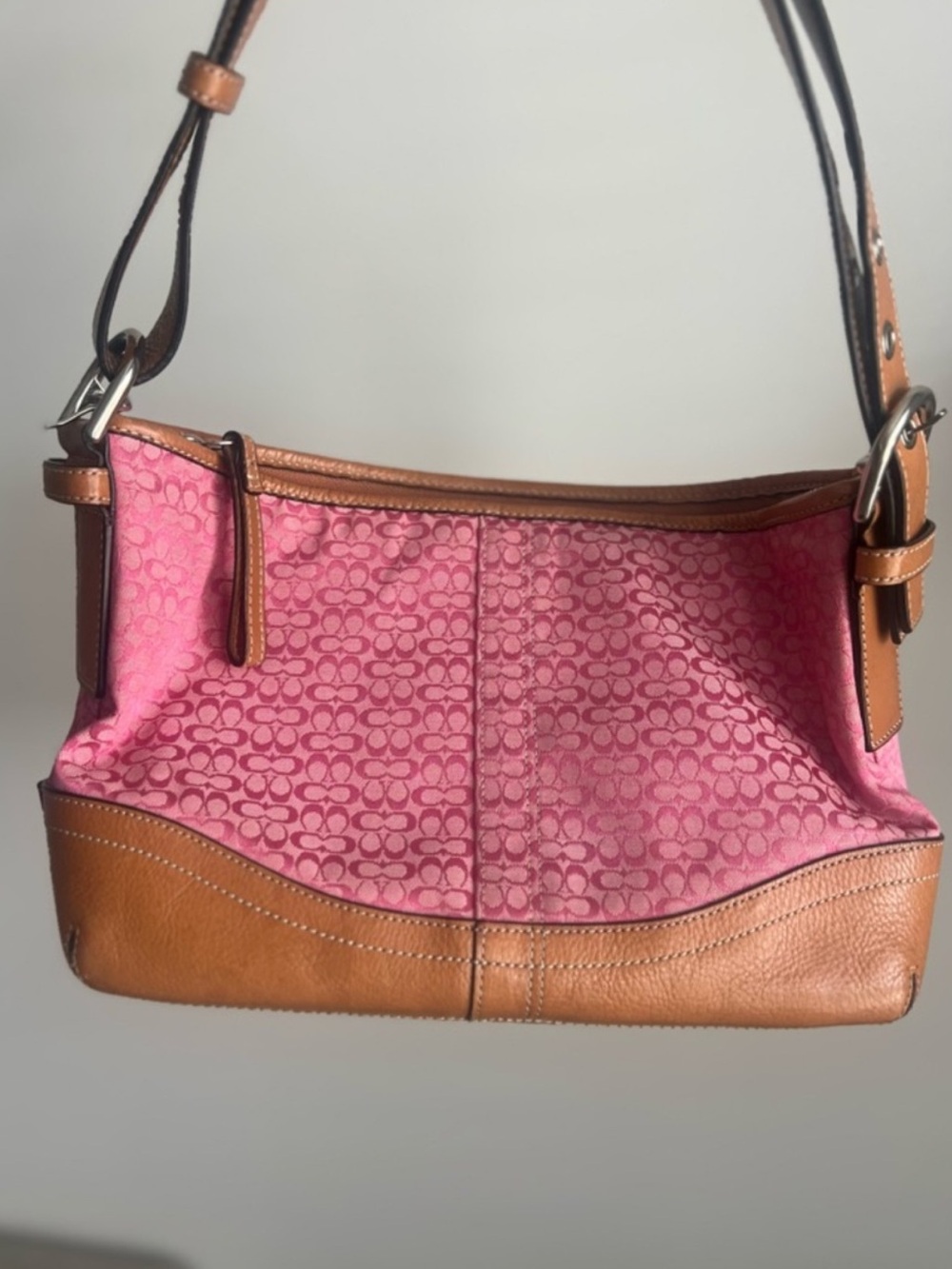 Coach Pink Signature Jacquard with Brown Leather Trim Shoulder Bag duffle soho